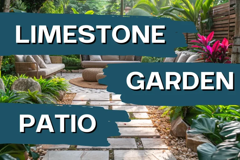 Garden patio featuring limestone paving slabs with outdoor furniture and plants
