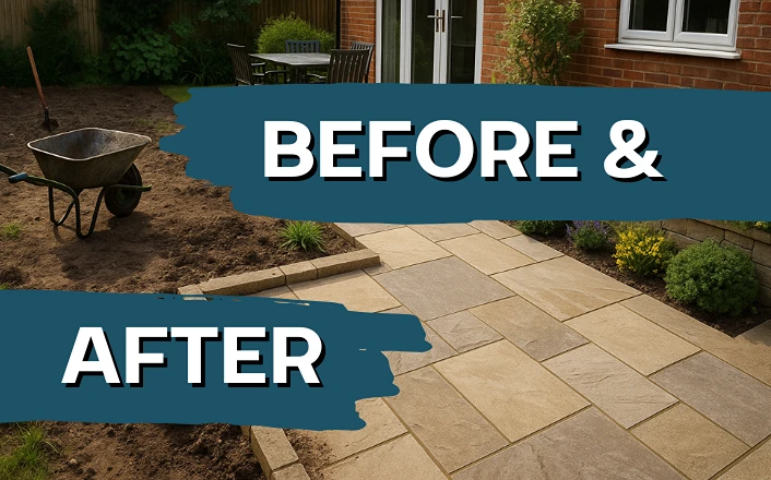 Before and after images of garden renovation using limestone paving slabs