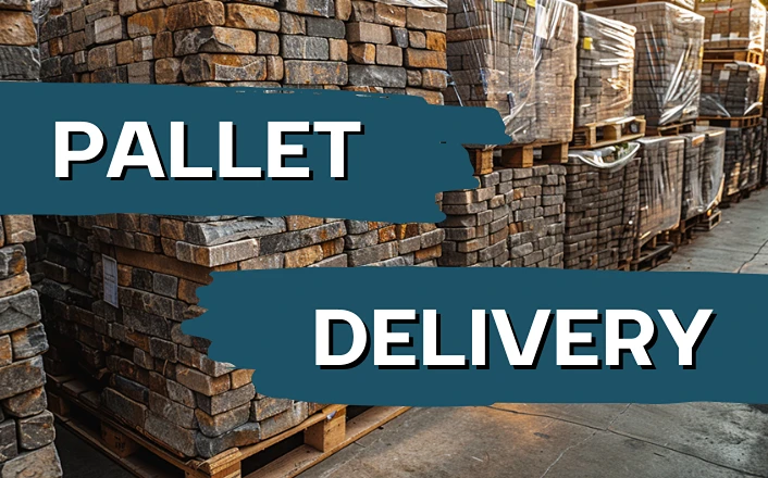 Pallets of limestone paving slabs ready for delivery and installation