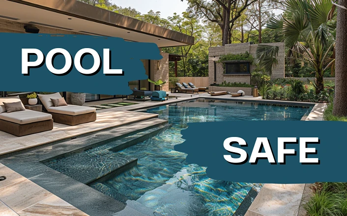 Brushed limestone paving slabs around swimming pool providing slip resistance