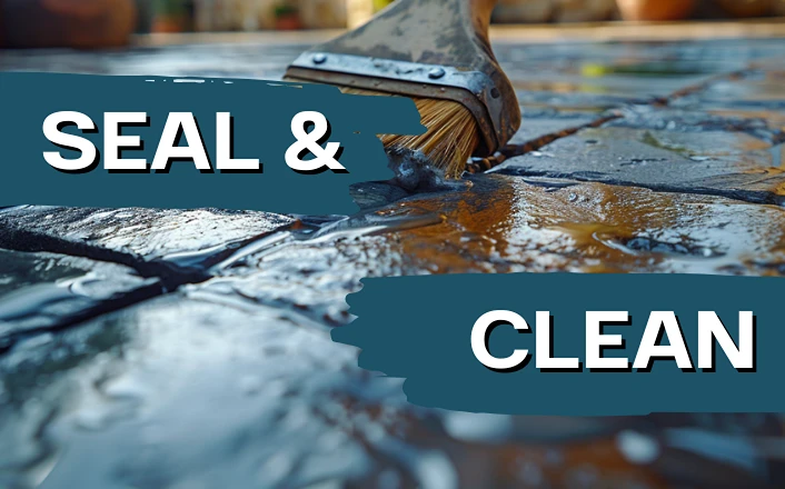Applying sealer and cleaning limestone paving slabs with natural stone cleaner