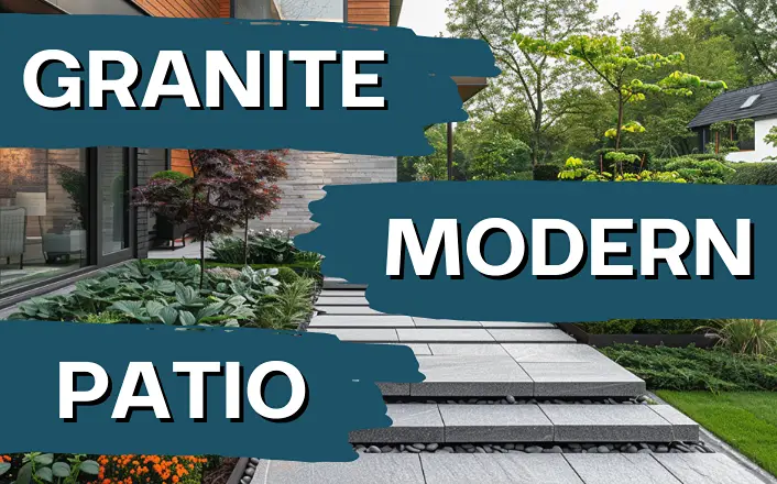 modern granite patio with large grey slabs and hedges