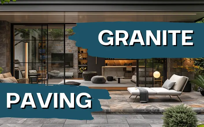 Modern outdoor paving with granite paving slabs in a Dublin garden, flamed finish for slip resistance
