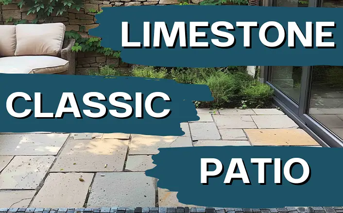 classic limestone patio with golden tones and garden greenery