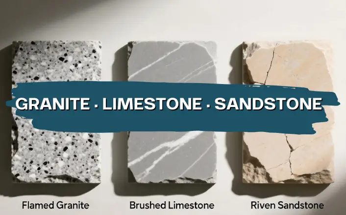 Style guide showing natural stone paving slabs: granite, limestone, sandstone side by side