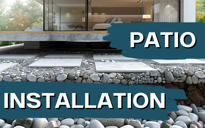 Patio installation diagram showing leveled ground, full mortar bed and drainage slope
