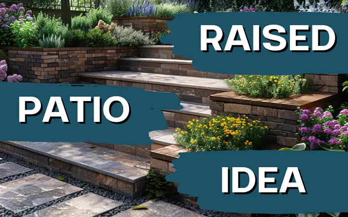 raised patio with steps and planters in a sunny garden