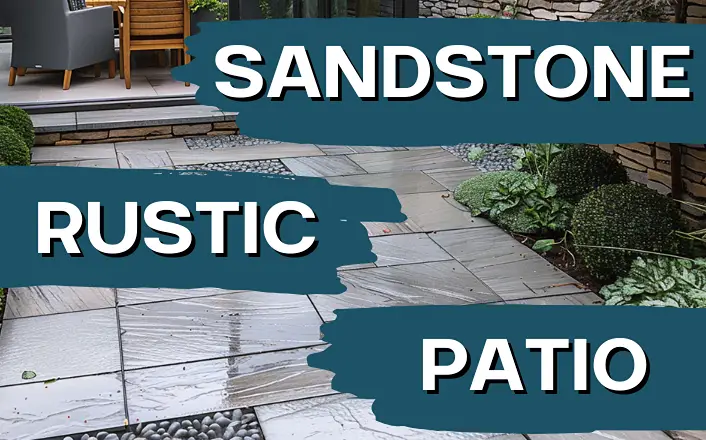 rustic sandstone patio with warm golden hues and lush foliage