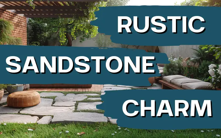 rustic sandstone patio with warm golden hues and lush foliage