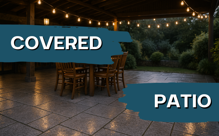 covered patio dining area dublin Covered patio in Dublin with comfortable table and chairs, outdoor lighting and garden furniture creating a cozy atmosphere