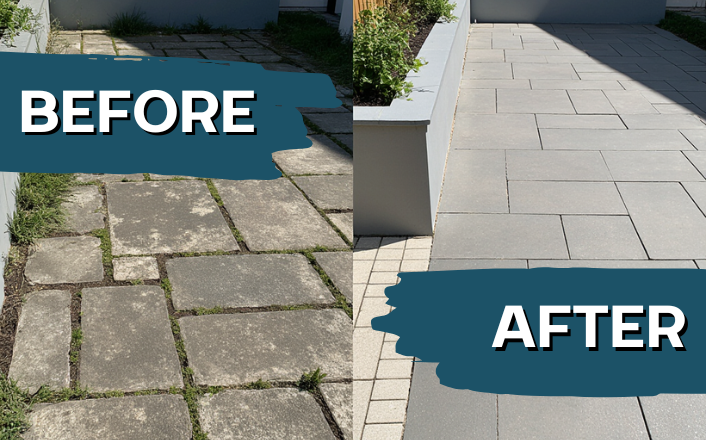 dublin patio project before after Dublin patio project transformation showing natural beauty of garden design, block paving and outdoor dining area after renovation